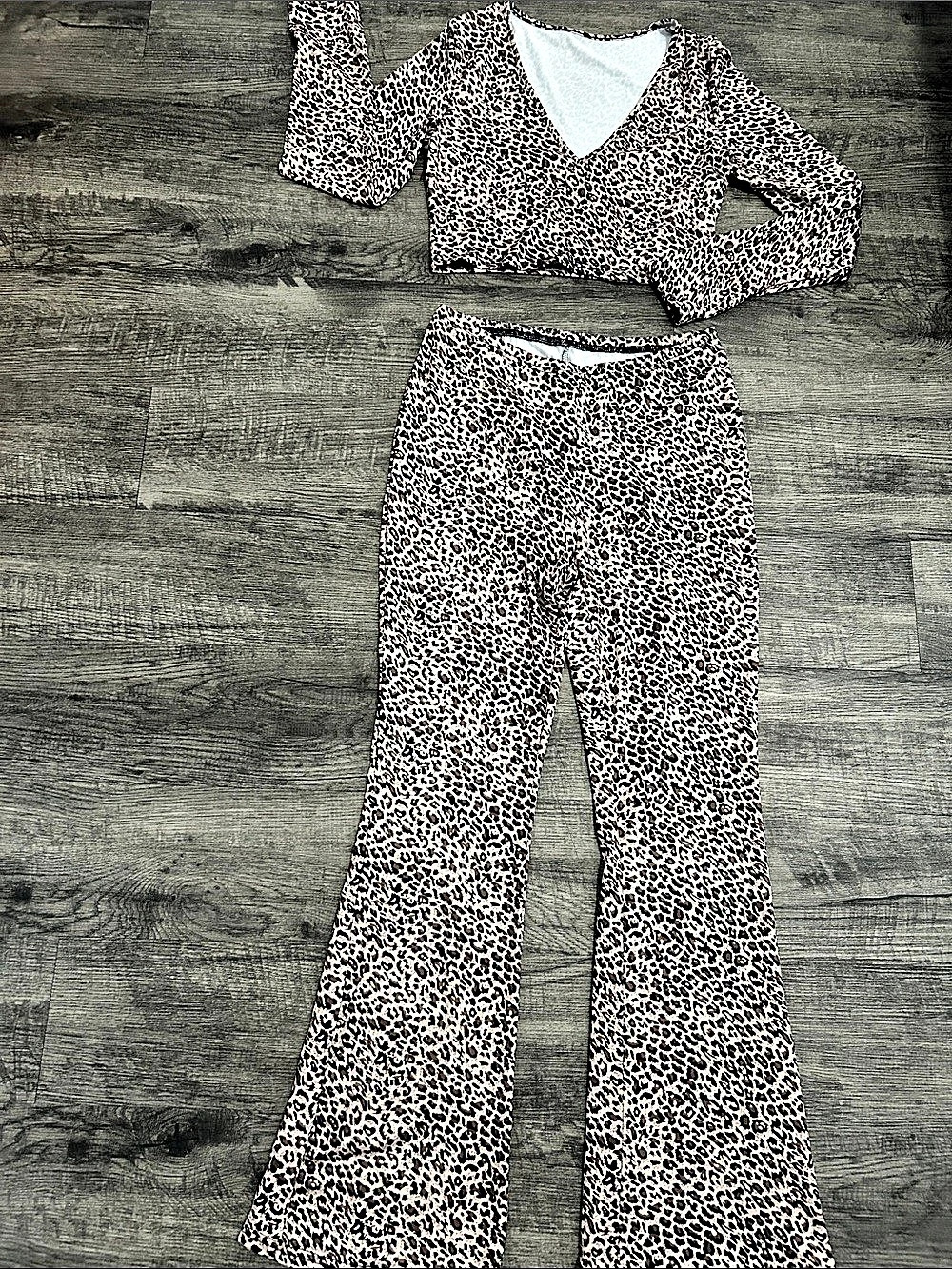 Animal Print Flare Pants Set in Brown & Black